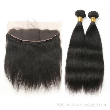 Straight Hair Bundles with Frontal 3 Pcs Human Hair Bundles with Closure Brazilian Hair Weave Ear To Ear Lace Frontal Closure